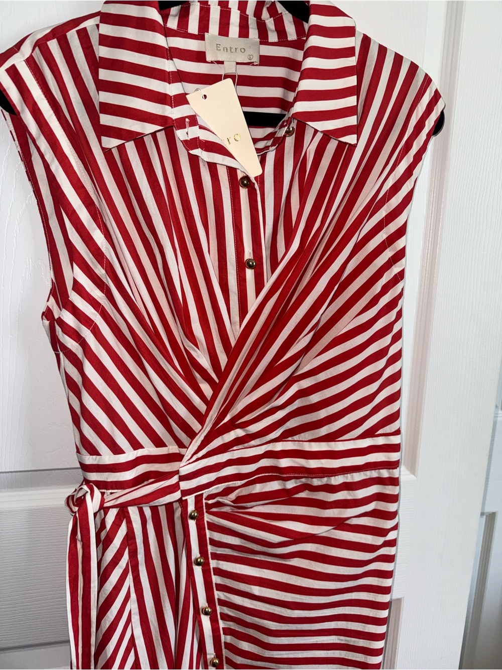 Striped Red and White Sleeveless Wrap Dress - Picture 2 of 5